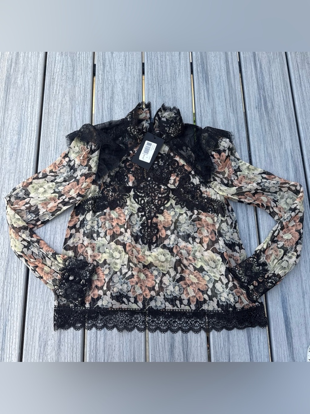 NWT The Kooples Lace-Accent Floral Long-Sleeve Top in Black and Blush 1